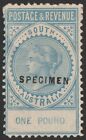 South Australia 1886 Qv Postage & Revenue £1 Specimen, Perf 10. Rare Type.