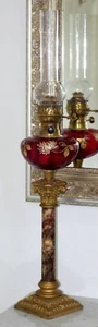 FRENCH CHERRY ENAMEL & GILT + SPELTER & MARBLE BANQUET KEROSENE OIL LAMP - Picture 1 of 12