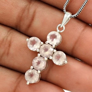 Natural Cuarzo Rosa 925 Plata de Ley Cruz Colgante de Mujer Regalo Joyería - Imagen 1 de 8