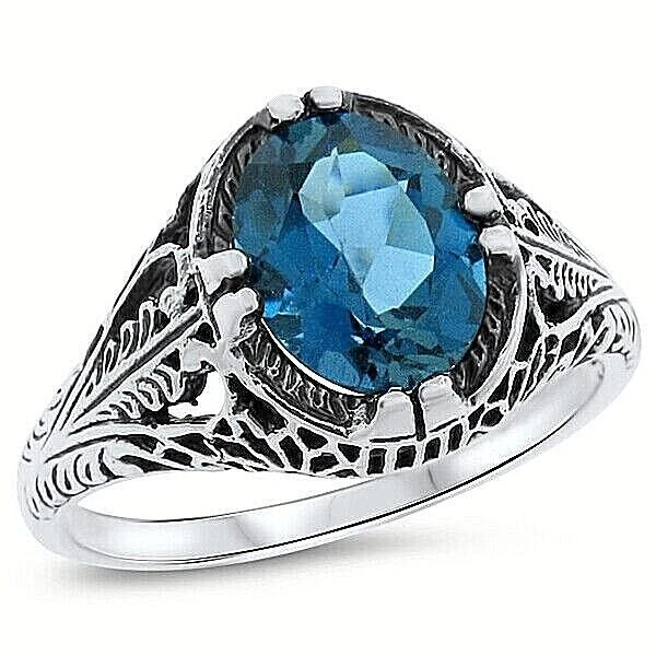 GENUINE 2.2 CT LONDON BLUE TOPAZ 925 STERLING SILVER ANTIQUE STYLE RING     #720 - Image 1 of 4