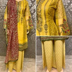 Pakistani Mustard Straight Style Embroidered Sequins, Sharara Suit,Medium - Picture 1 of 12