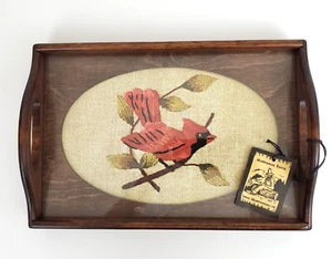 Needlepoint Serving Tray Wood Glass Cardinal Red Bird Three Mountaineers VTG - Picture 1 of 11