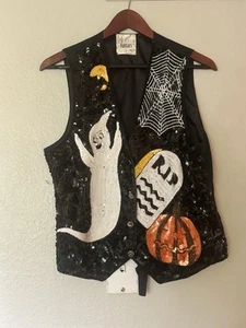 VTG Just Fabulous Sequined Halloween Vest Small Ghost Pumpkins Moon Black Cat - Picture 1 of 23