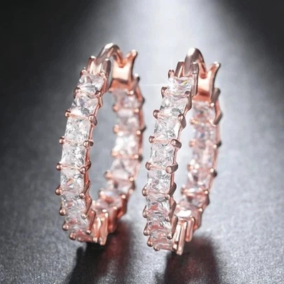 2Ct Princess Cut Lab-Created Diamond Hoop Earrings Women's 14K Rose Gold Plated - Image 1 of 4