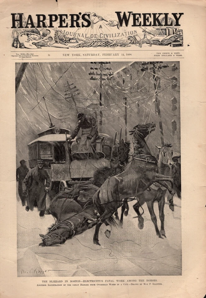 1898 Harpers Weekly  February 12 - Boston snow storm is fatal to horses - Image 1 of 1