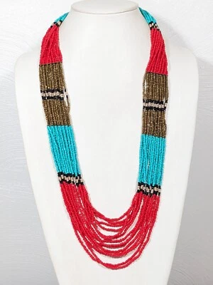 Collar multicapa con cuentas de semillas de oro rojo azul étnico costero playero 32 pulgadas Foto 1 de 4