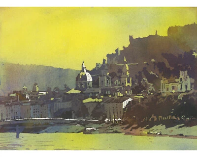 Salzburg Austria sunset landscape watercolor painting trendy wall art (print) - Image 1 of 4