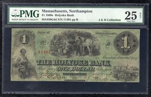 1860’s $1 THE HOLYOKE BANK NORTHAMPTON, MA OBSOLETE NOTE PMG VERY FINE-25 - Picture 1 of 2