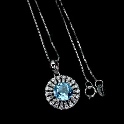 925 Sterling Collana Argento Rotondo Topazio Blu Cielo 8mm Gemma Gioielli 18 - Immagine 1 di 4