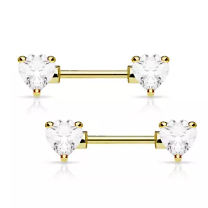 Nipple barbell ring 14 Gauge 12mm Surgical steel Ion plated gold with hearts cz - Picture 1 of 1