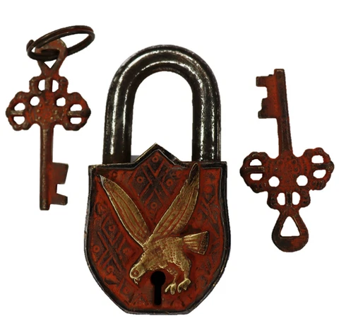 Eagle Engraved Door Lock Antique Vintage Style Handmade Brass Padlock & Keys Cover