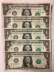 (Menge 5) "B" District Star Notes Ein-Dollar-Scheine ☆ NEW YORK NY Siegel DC Druck - Bild 1 von 3