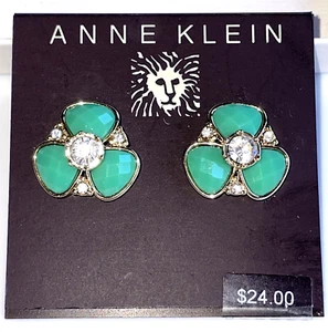 Anne Klein Turquoise Enamel Gold and Crystal Floral Earrings - Picture 1 of 3