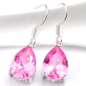 European Style Pear Shaped Sweet Pink Kunzite Gemstone Silver Dangle Earrings - Picture 1 of 6