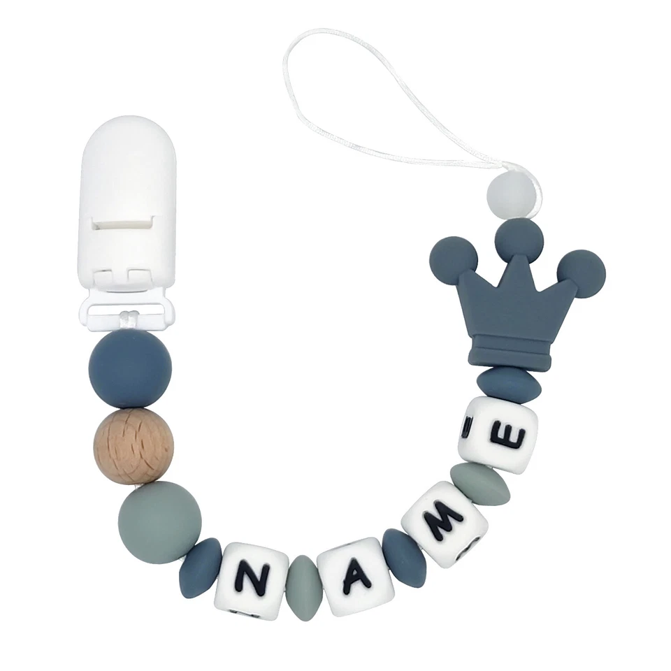Personalised Beaded Dummy Clip Silicone Pacifi Clip Chain Customized Name Crown - Image 1 of 1