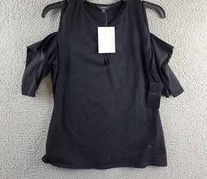 Guess Cold Shoulder Top Women's L Black Solid Tie Front Short Sleeve Pullover - Picture 1 of 15