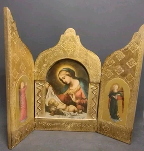 Vintage Gold 12" Florentine Triptych Featuring Carlo Dolci Madonna & Child - Picture 1 of 18