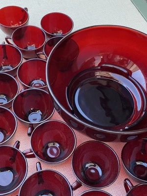 Ruby Red Vintage Glass Punch Bowl Set with 26 Cups MCM - Image 1 of 4