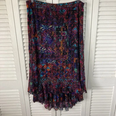 Chico's Multicolored Abstract Design Mesh Fully Lined Ruffled Hi-Low Hem Skirt 2 - Image 1 of 4