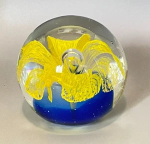 Yellow Flower Hand Blown Glass Round Paperweight - Picture 1 of 11