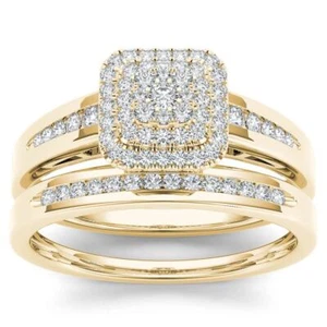 Juego de anillos de novia halo racimo de diamantes de oro amarillo de 10 K de 1/3 quilates - Imagen 1 de 4