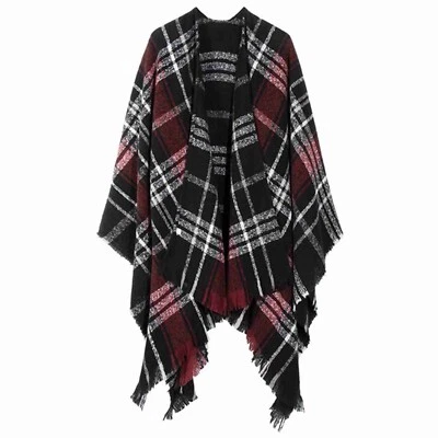 Poncho boho de frente abierto para mujer Punto chal de cuadros cruzado Cabo Borla Cardigan  Foto 1 de 4