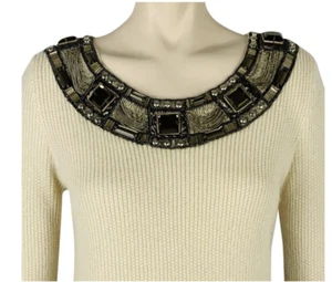 OSCAR DE LA RENTA CREAM IVORY SILVER BRONZE JEWELED CHAIN CASHMERE SWEATER $2450 - Picture 1 of 8