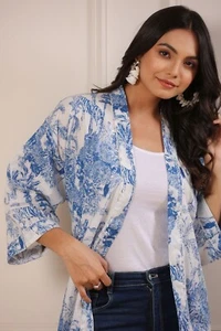 Indian Blue Cotton Floral Printed Kimono Bath Robes Night Maxi Gown Kimono Robes - Picture 1 of 7