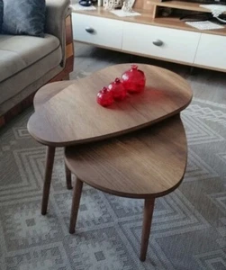 Modern Stylish Wooden Nesting Table Set Minimalist Design, Natural Wood Finish - Picture 1 of 13
