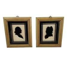 Old 19th Century Victorian Portrait Silhouettes on Glass Framed Antique Pair Vtg