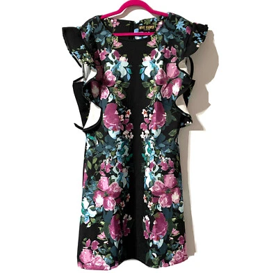 Marc Bouwer Scuba Dress black floral knee Size XL Ruffle Shoulder Sleeveless - Image 1 of 4