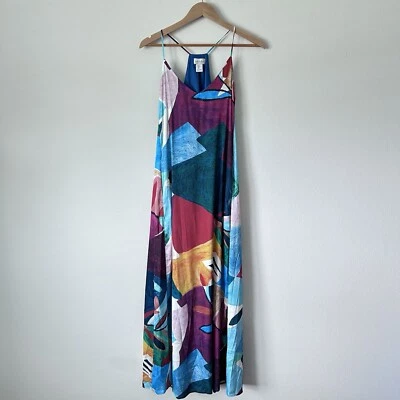 Nicole Miller NY матовый цветной печать макси Charmeuse скольжения платье маленький синий - Изображение 1 из 4