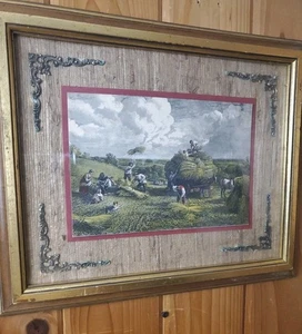 Vintage American Homestead Autumn Harvest Worker Print Framed Farm Art  - Picture 1 of 10
