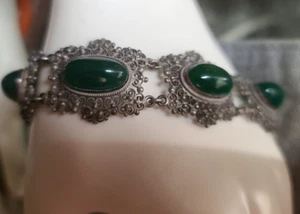 Viktorianischer silberner filigraner grüner Chalzedon 7" Klammer antiker Röhrenverschluss - Bild 1 von 16