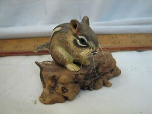 Vintage Rosalyn Leach Daisey Wood Feather Carved Chipmunk Rock Squirrel Figurine