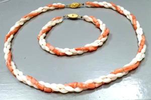 Collier & Armband aus Perlmutt und Engelshaut Korallen dreisträngig 60th - Bild 1 von 9