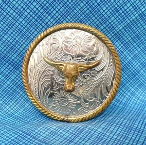 Western Cowboy Longhorn Dress Belt Buckle German Silver Cowgirl Vtg 80s .PCB241 - Picture 1 of 7