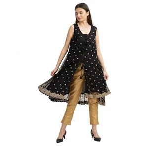 Sanskriti Vintage Long Flared Jacket Net Mesh Floral Zardozi, Upcycled Free Size - Picture 1 of 9