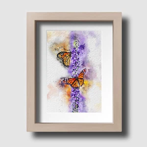 Mariposa Púrpura Planta de Lavanda Acuarela Salpicaduras Arte Estampado en Pared Sin Enmarcar - Imagen 1 de 3