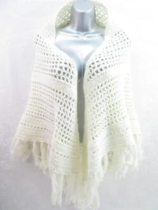 Handmade Crocheted Shawl Sweater Cape Summer Poncho Wrap Ivory Cream Fringe NEW - Picture 1 of 14