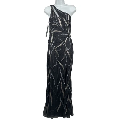 Aidan Mattox One Shoulder Gown Black Beaded Asymmetrical Size 4 NWT orig. $495 - Image 1 of 4