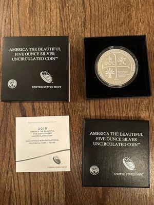 2019 America The Beautiful San Antonio Missions 5oz Silver Coin NIB w COA! MINT! - Image 1 of 3