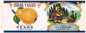 ORIGINAL VINTAGE TIN CAN LABEL 1920S CEDARTOWN GEORGIA LOG CABIN PEARS - Picture 1 of 1