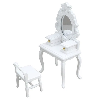 1:12 Dollhouse Vintage Dressing Table Stool Set Miniatures Furniture Wooden - Image 1 of 4