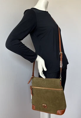 DOONEY & BOURKE Suede Crossbody Shoulder Bag Olive w/Tan Trim Dust Cover Inc.NWT - Image 1 of 4