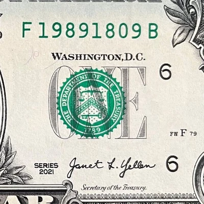 September 18, 1989 (19891809) One Dollar Fancy Serial Number Birthday Note - Image 1 of 3