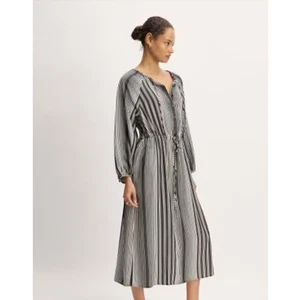 Everlane SZ L The Tencel Gathered Maxi Dress Striped Bone Black NWT - Imagen 1 de 6