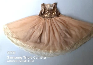 Vintage Chiffon Double Lace Babydoll Girls Dress Gold Sequins Kids Circle Zip - Picture 1 of 11