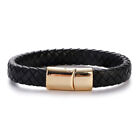 Men Jewelry Black Braided Leather Bracelet Stainless Steel Clasp Bangle Hip-hop