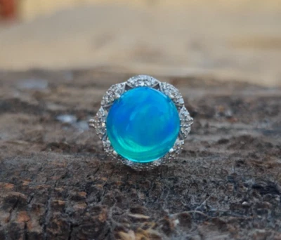 Natural Diamond & Round Blue Fire Opal Ring, A+++ Quality Cabochon Opal Ring - Image 1 of 4